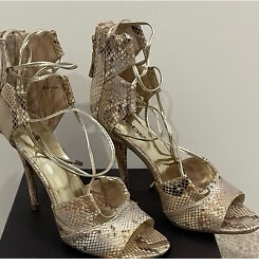 Bebe Cream and Brown Lace-Up Heels